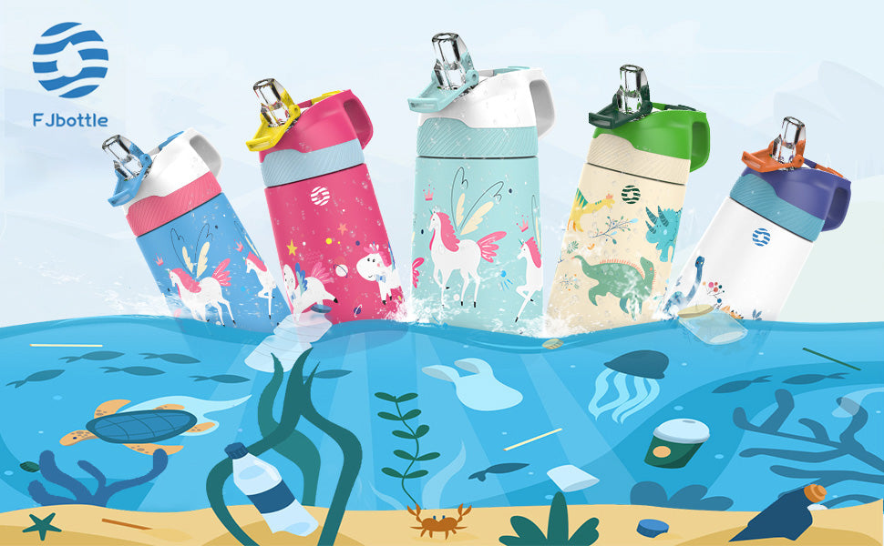 Fjbottle Kids Insulated Water Bottle With Straw - 12oz Stainless Steel, One-Click Lid, Leakproof