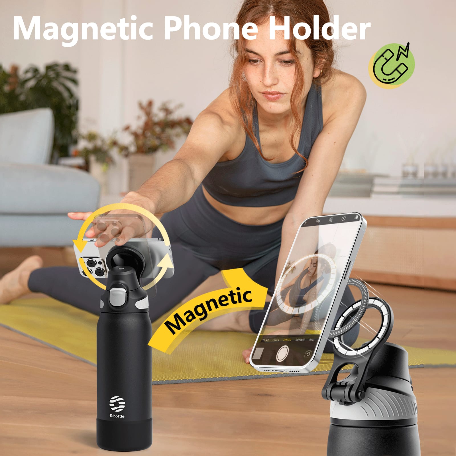 Magnetic Water Bottle with Phone Holder – Leakproof Stainless