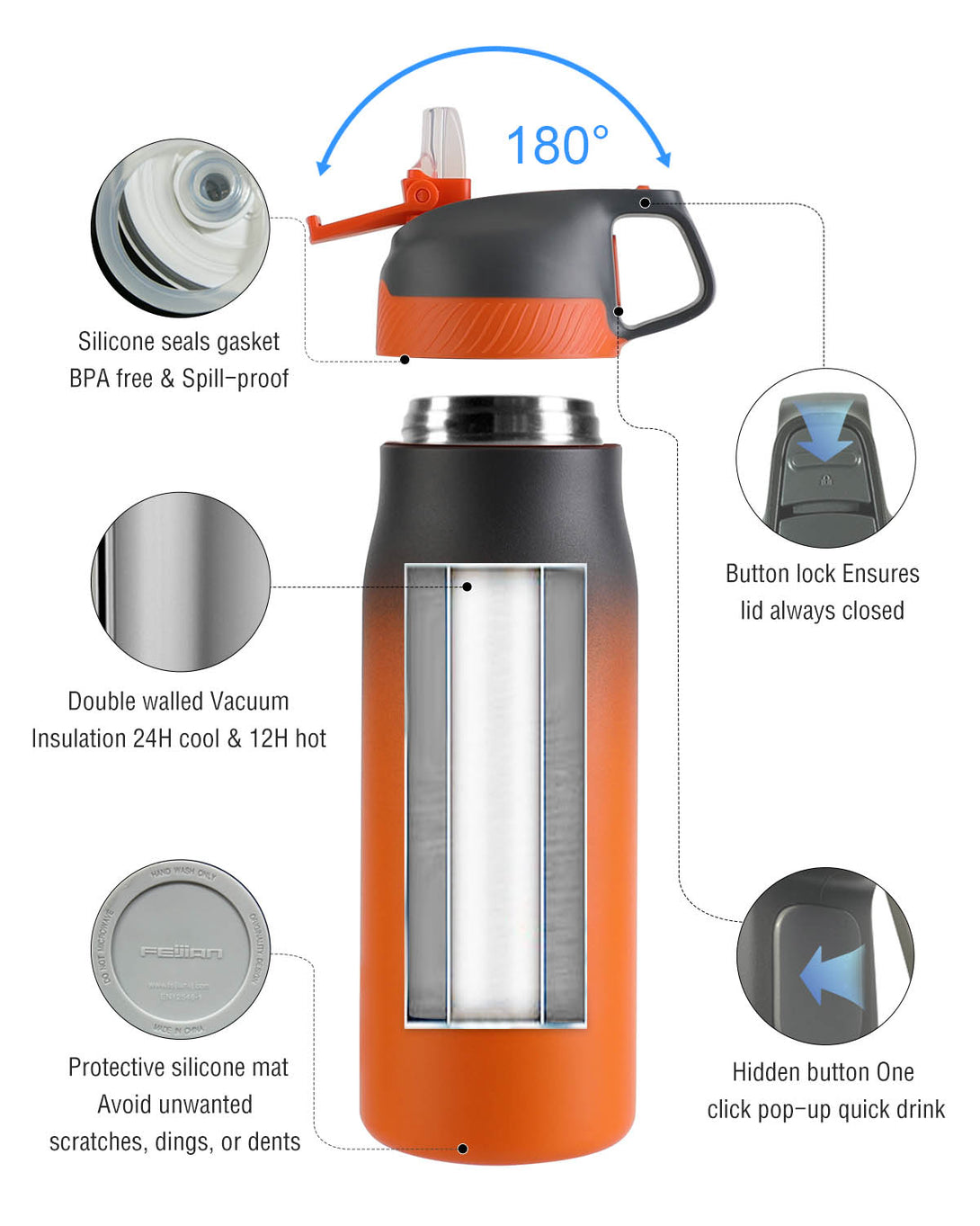 orange water bottle with lids accessories