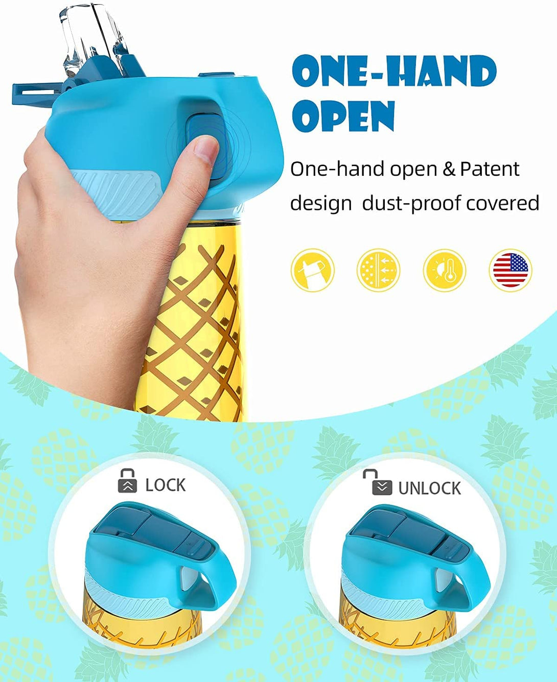 Plastic Kids Water Bottle 16 oz with Straw Lid, Leak Proof, Pineapple