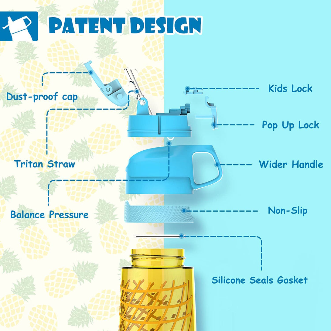 Plastic Kids Water Bottle 16 oz with Straw Lid, Leak Proof, Pineapple