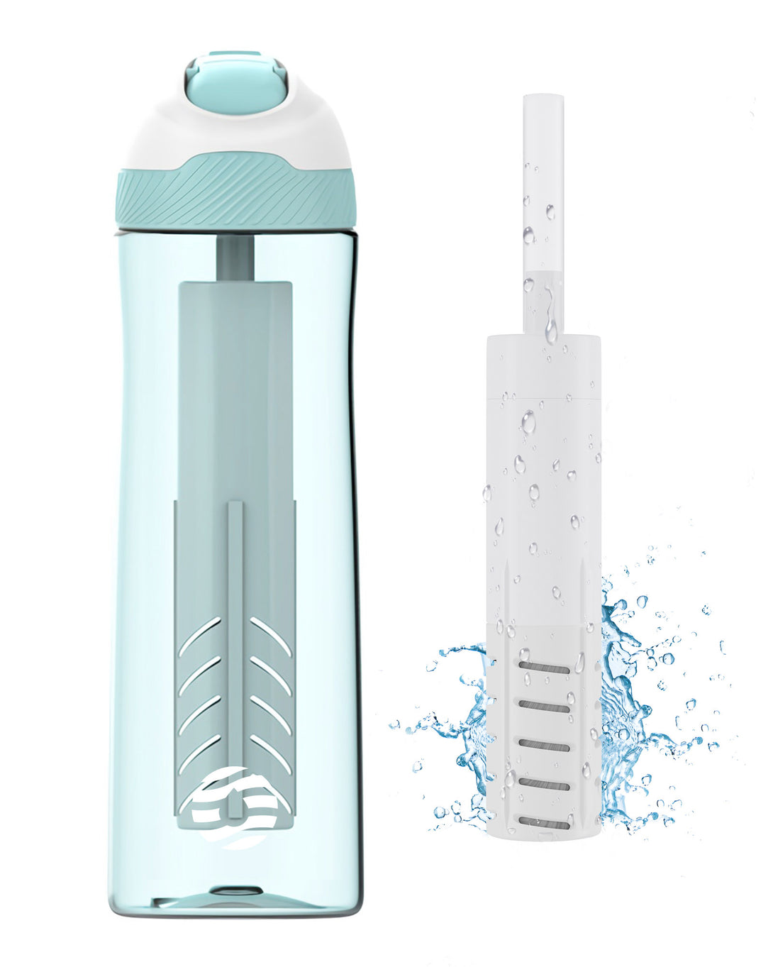 plastic water bottle with straw and filter mint green