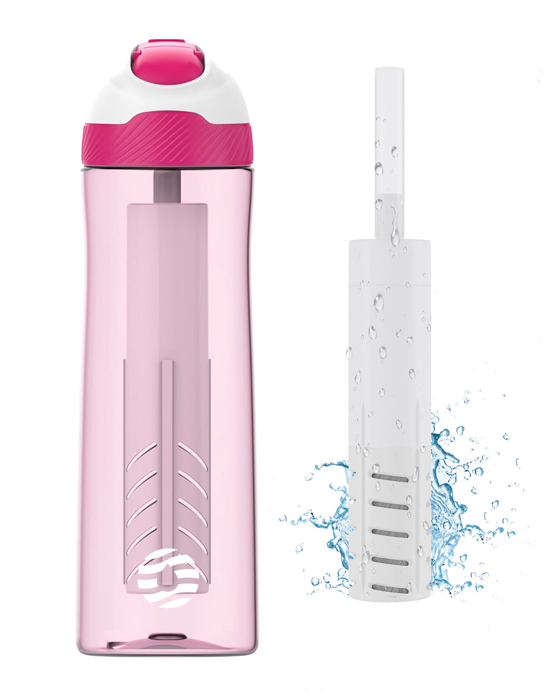 plastic water bottle with straw and filter pink color