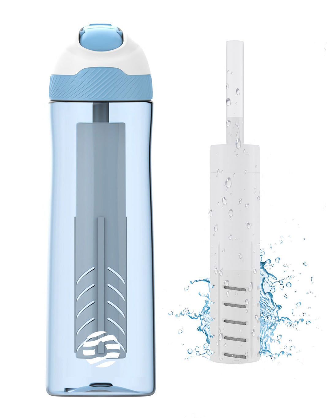 plastic water bottle with straw and filter blue color