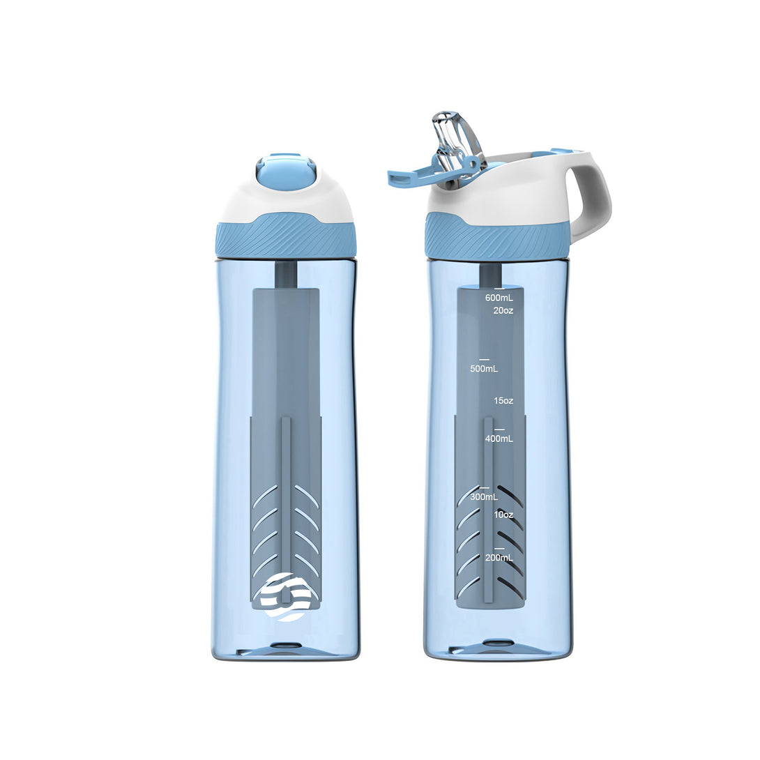 plastic water bottle with straw and filter blue