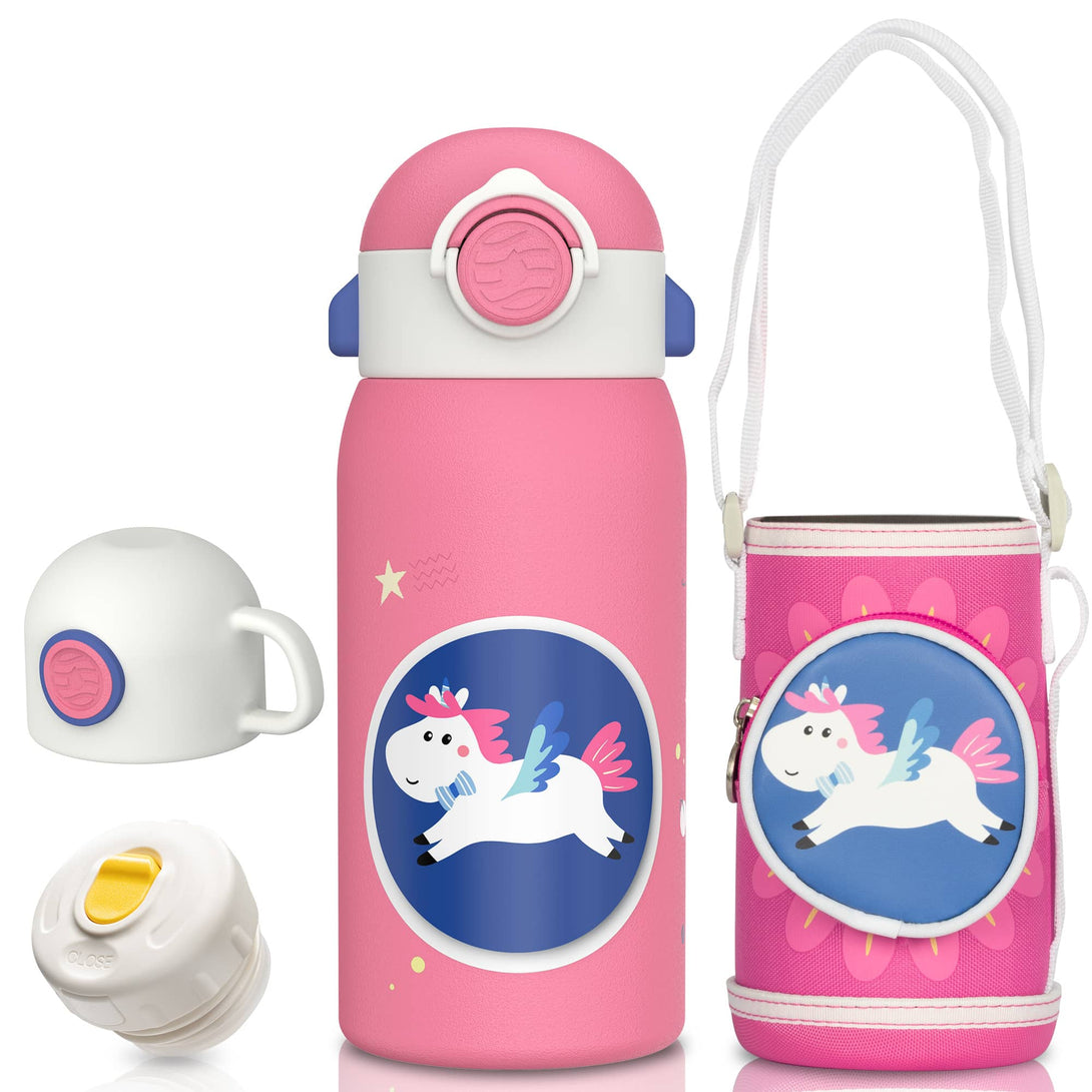 kids water bottle with carrying strap pink