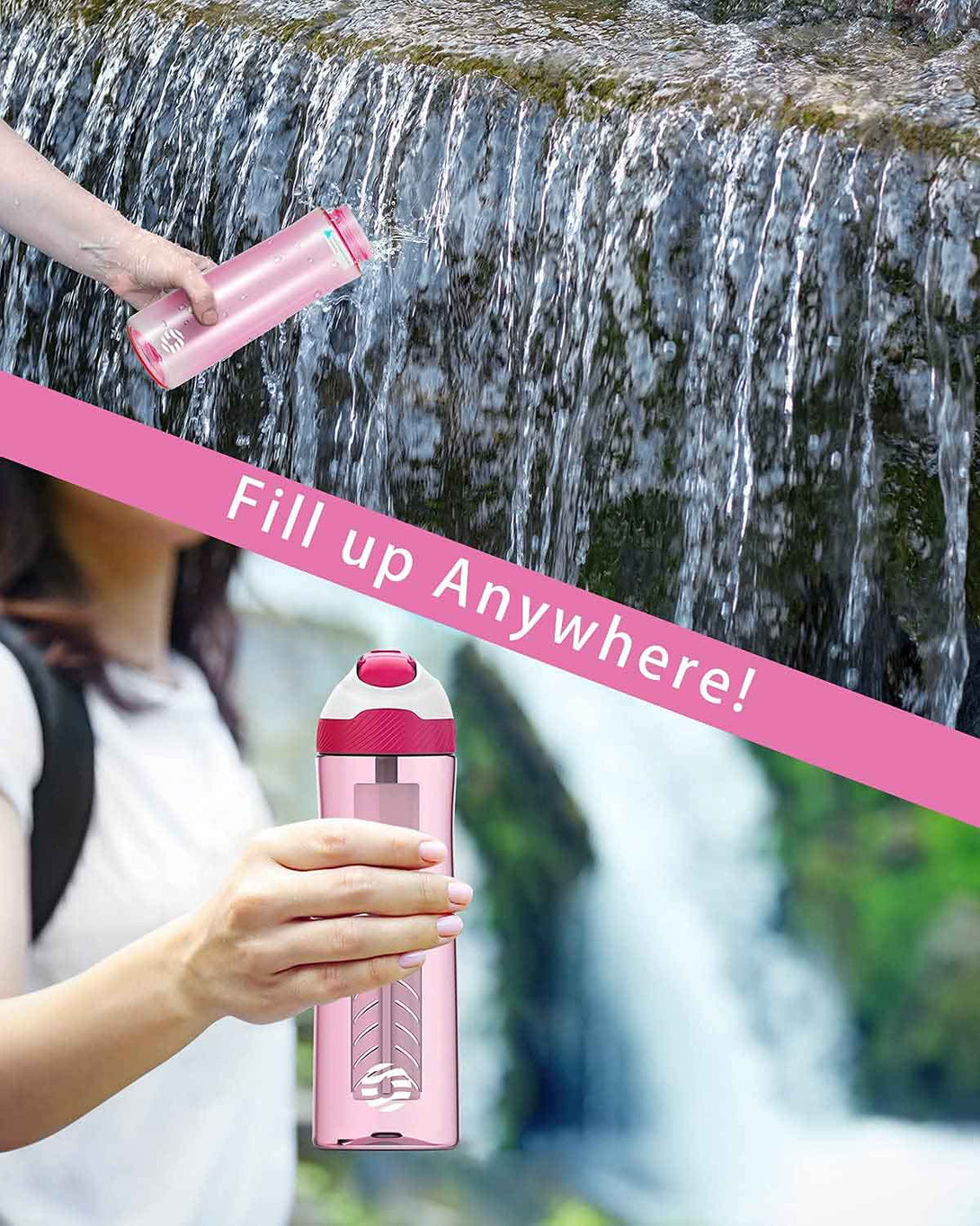 plastic water bottle with straw and filter pink for water