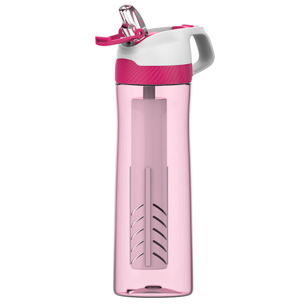 plastic water bottle with straw and filter pink